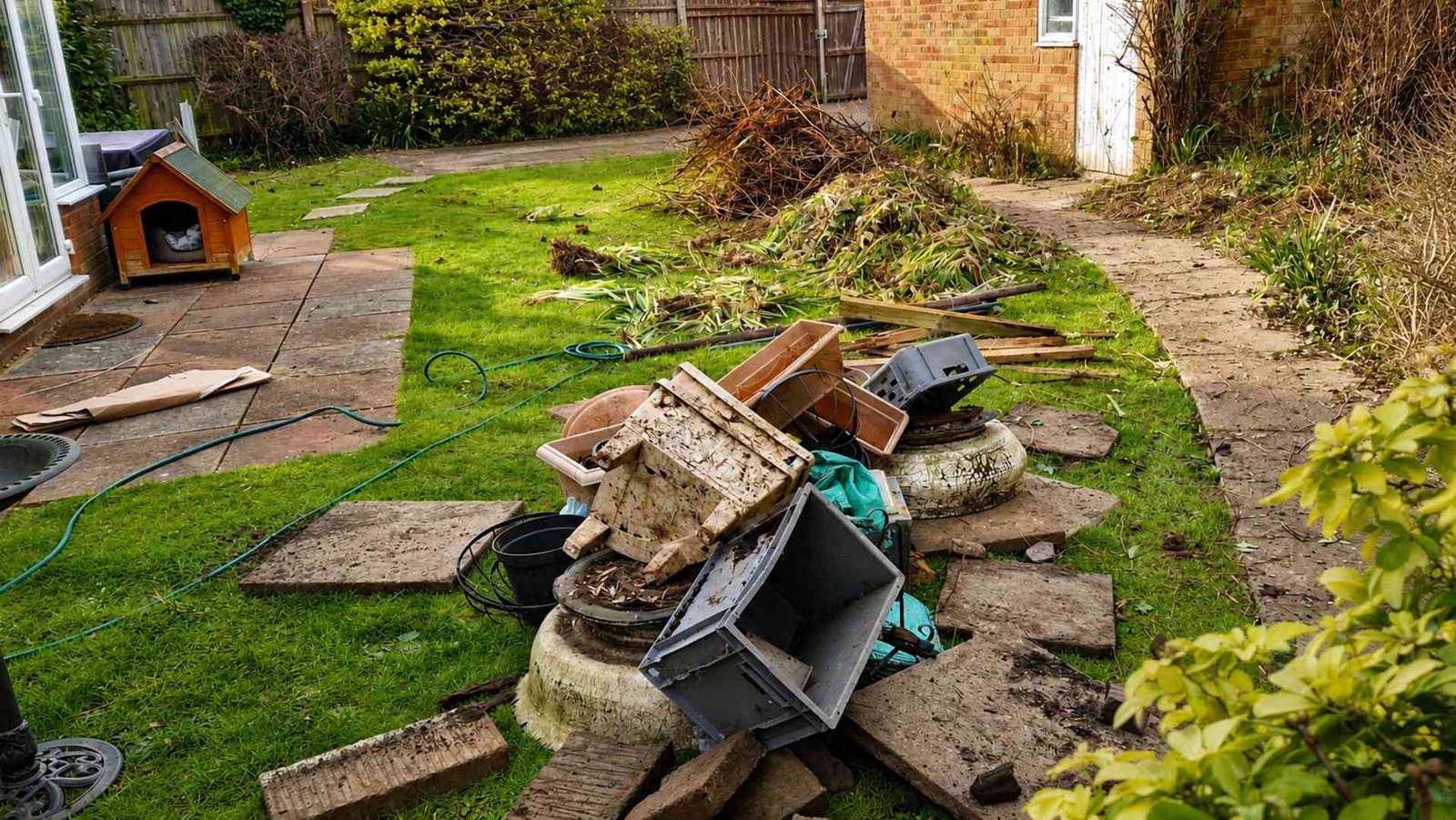 Uncovering Years of Garden History Garden clearance in progress revealing old tyres, broken pots, wire fencing and debris hidden within an overgrown Surrey garden.