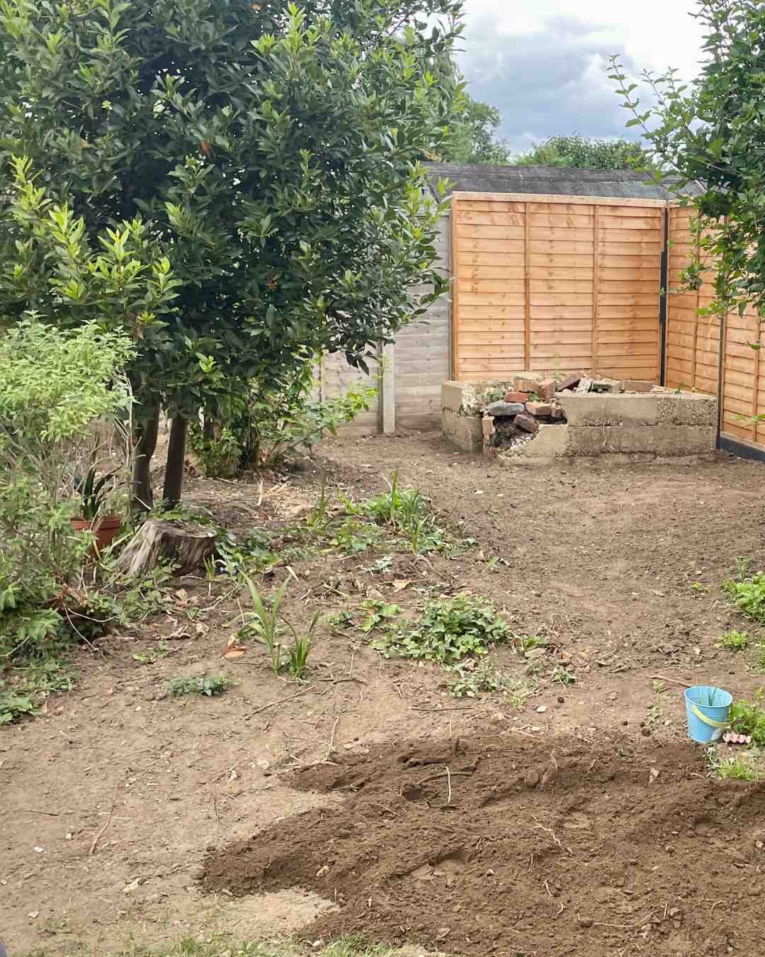 A Blank Canvas Cleared garden in Surrey after demolition, showing mature trees, new fencing and the remaining raised bed before landscaping.